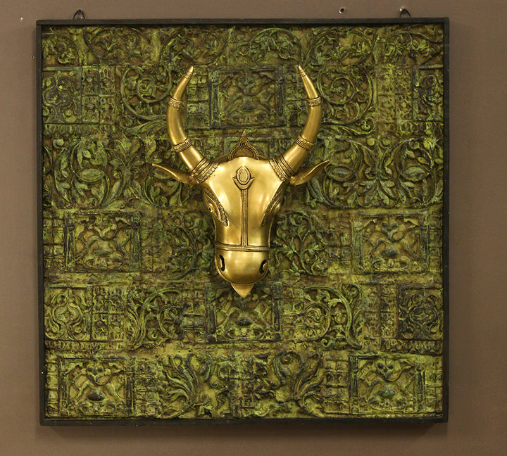 Wooden Carved Wall Hanging With Brass Bull Head