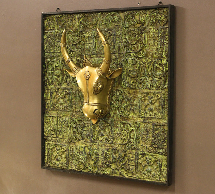 Wooden Carved Wall Hanging With Brass Bull Head