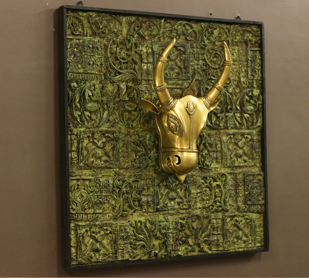Wooden Carved Wall Hanging With Brass Bull Head