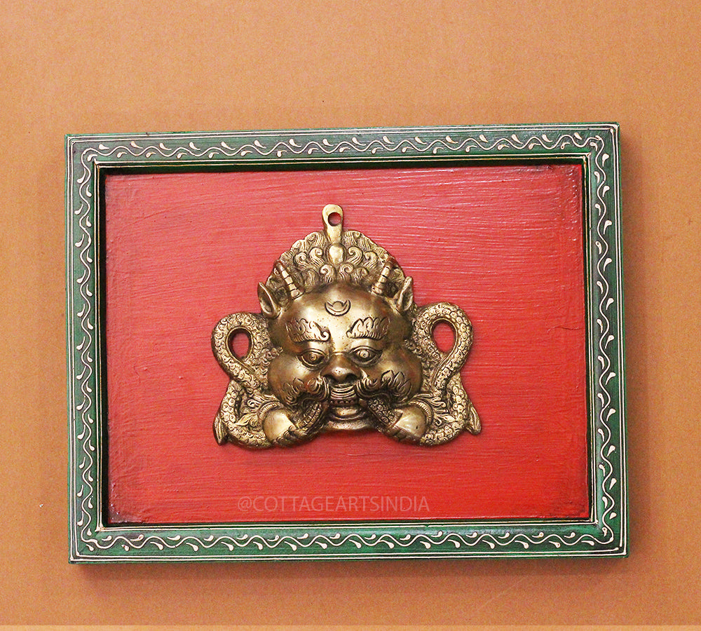 Brass Bhairav Wall Mask Wooden Frame