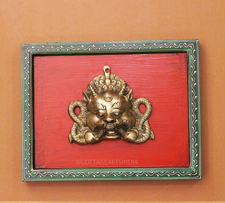 Brass Bhairav Wall Mask Wooden Frame