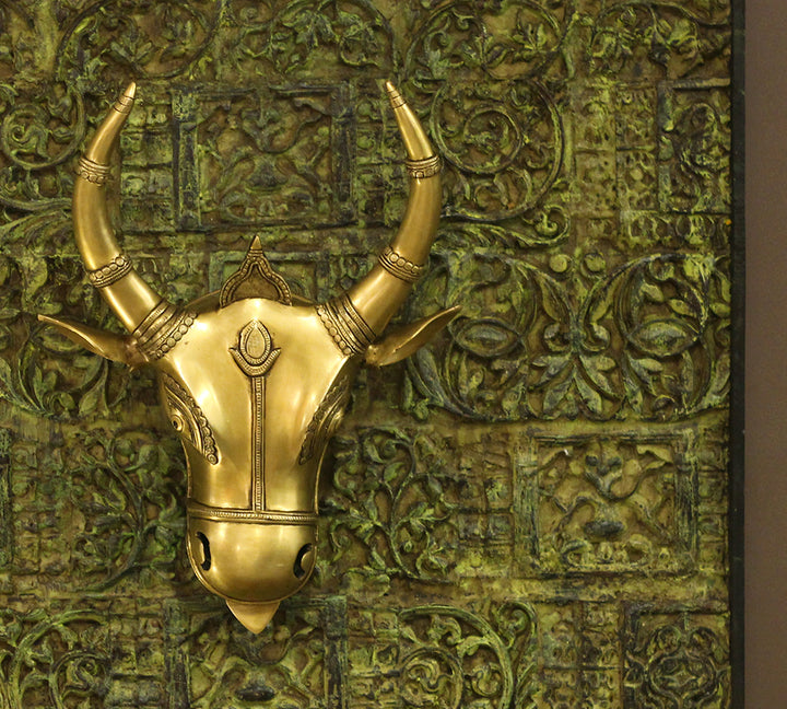 Wooden Carved Wall Hanging With Brass Bull Head