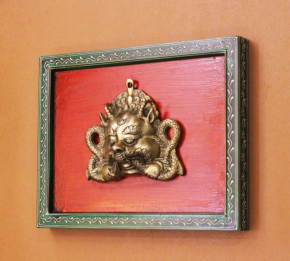 Brass Bhairav Wall Mask Wooden Frame