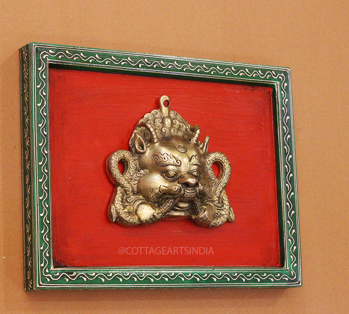 Brass Bhairav Wall Mask Wooden Frame