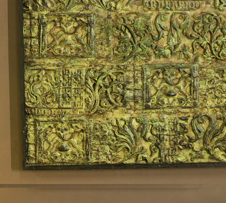 Wooden Carved Wall Hanging With Brass Bull Head