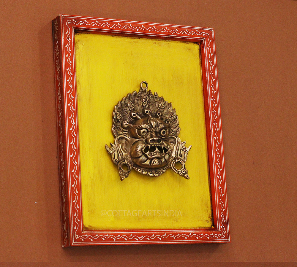 Brass Bhairav Wall Mask Wooden Frame