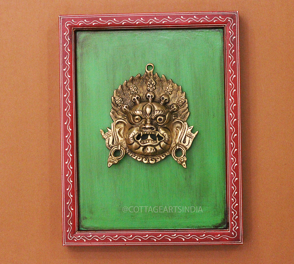 Brass Bhairav Wall Mask Wooden Frame