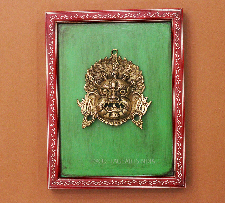 Brass Bhairav Wall Mask Wooden Frame