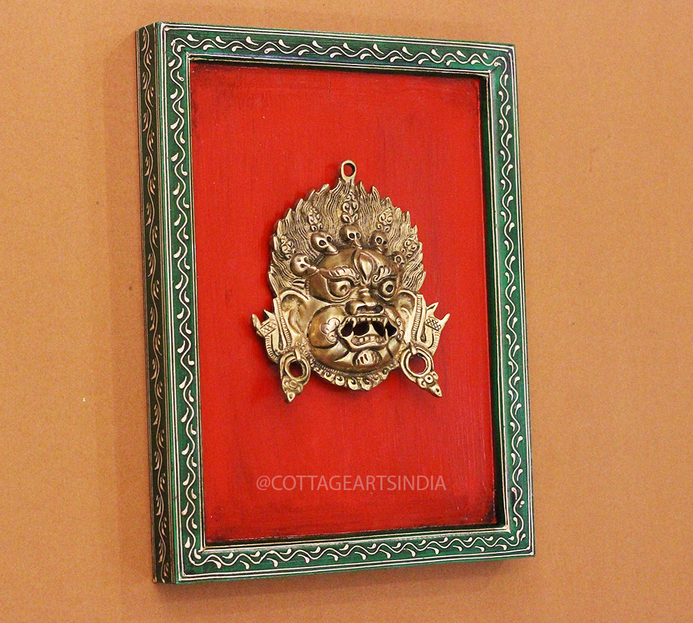 Brass Bhairav Wall Mask Wooden Frame