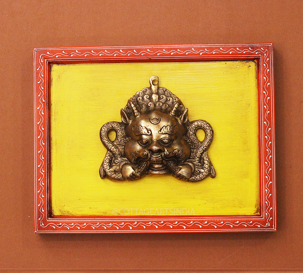 Brass Bhairav Wall Mask Wooden Frame