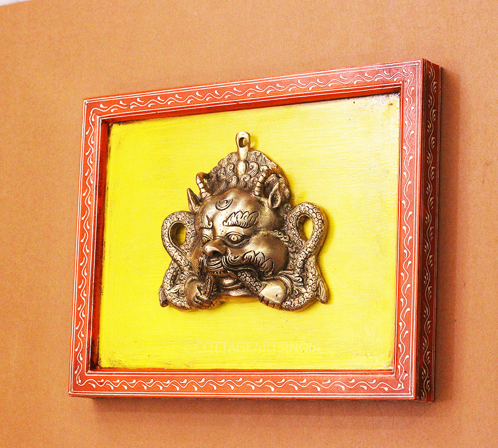 Brass Bhairav Wall Mask Wooden Frame