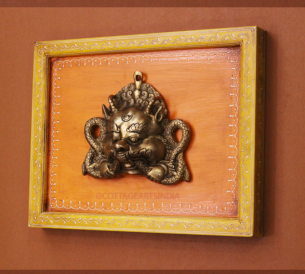 Brass Bhairav Wall Mask Wooden Frame