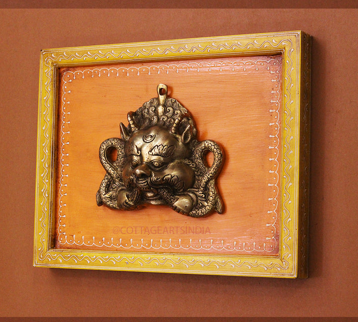 Brass Bhairav Wall Mask Wooden Frame
