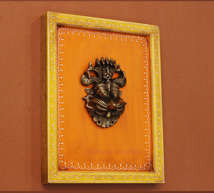 Brass Kirti Mukha Wall Mask Wooden Frame