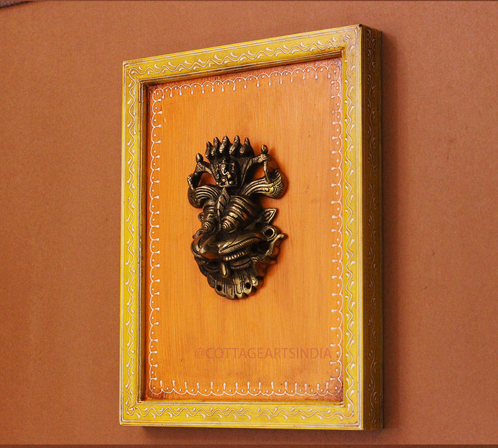 Brass Kirti Mukha Wall Mask Wooden Frame