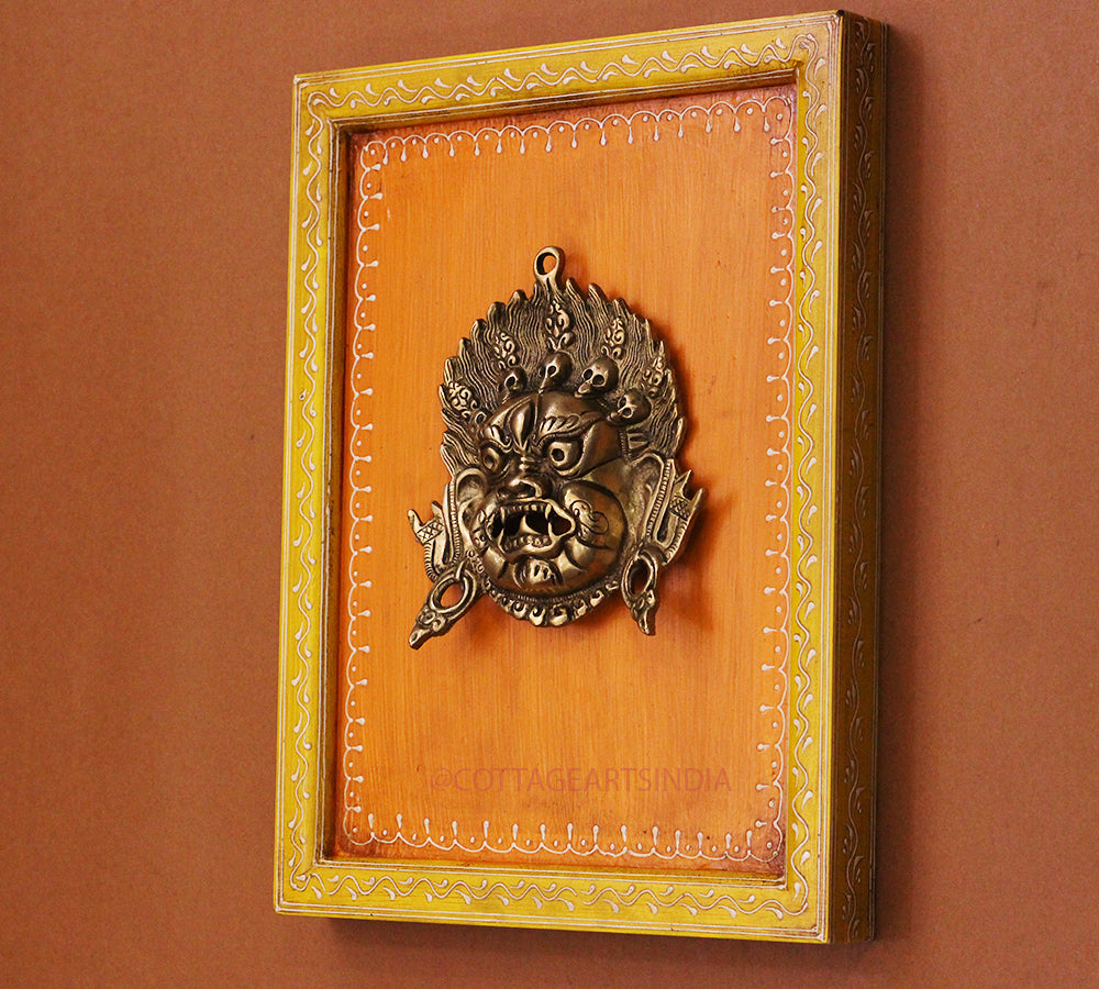 Brass Bhairav Wall Mask Wooden Frame