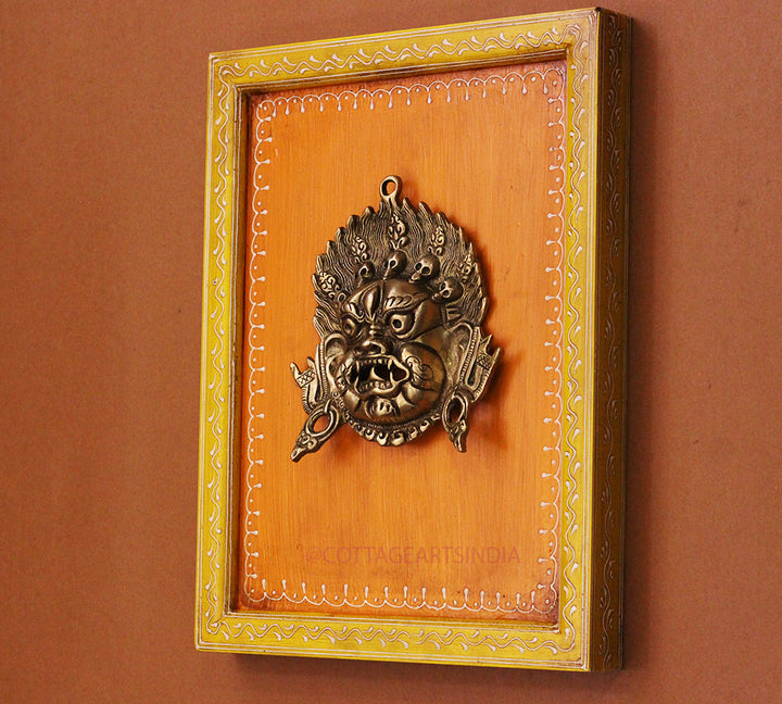 Brass Bhairav Wall Mask Wooden Frame