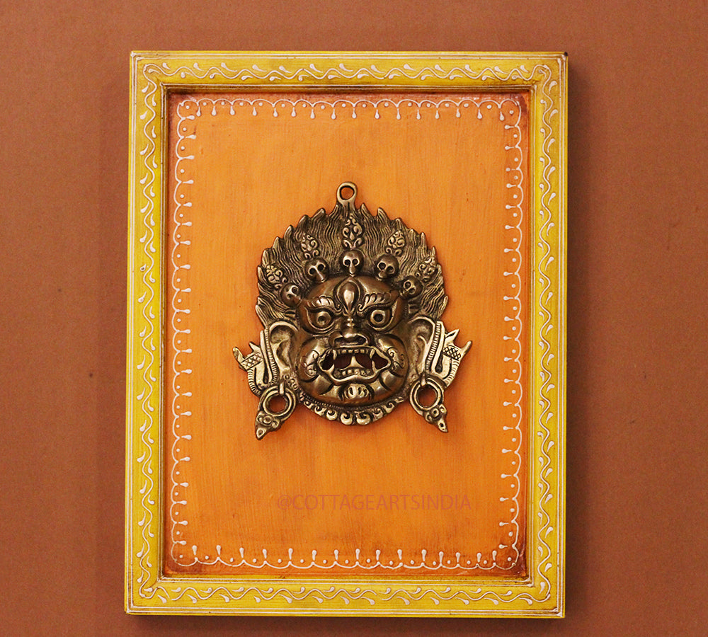 Brass Bhairav Wall Mask Wooden Frame