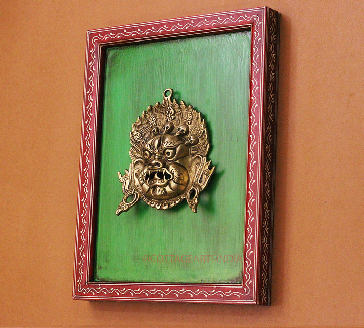 Brass Bhairav Wall Mask Wooden Frame