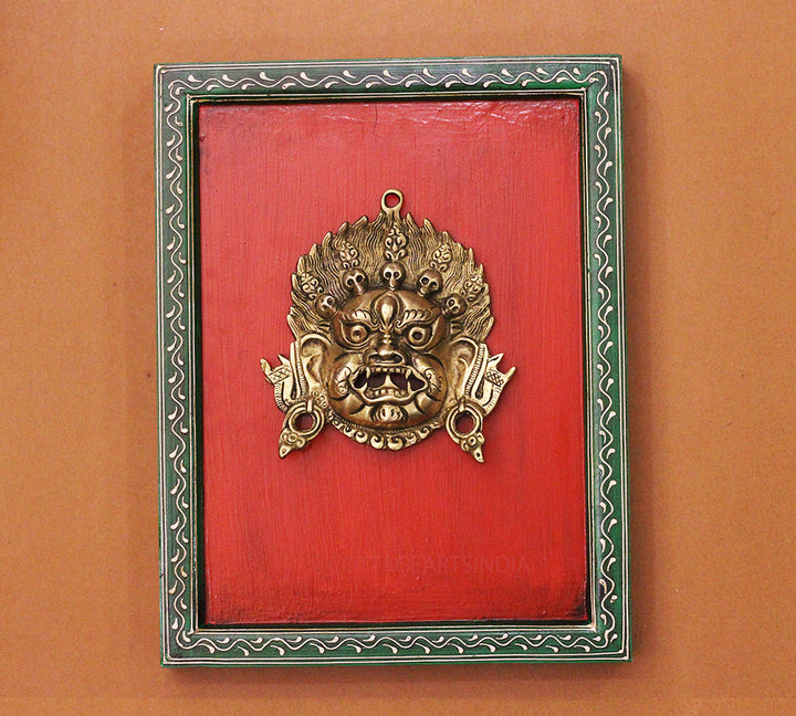 Brass Bhairav Wall Mask Wooden Frame