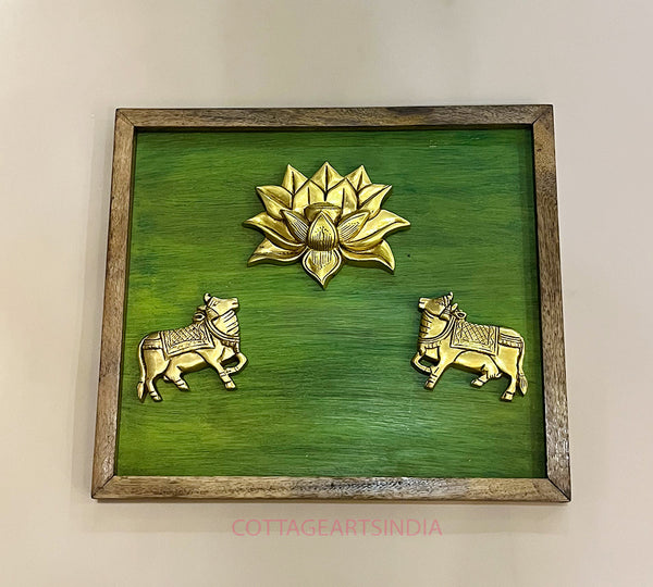 Wooden Frame With Cow and Lotus