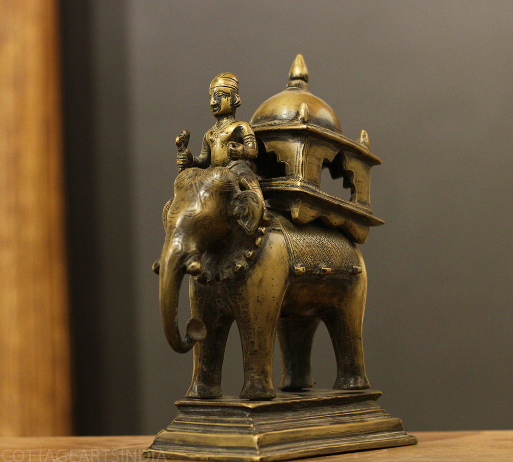 Brass Vintage Elephant With Mahavat 10"