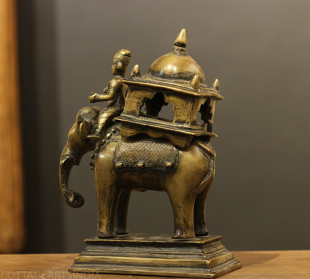 Brass Vintage Elephant With Mahavat 10"