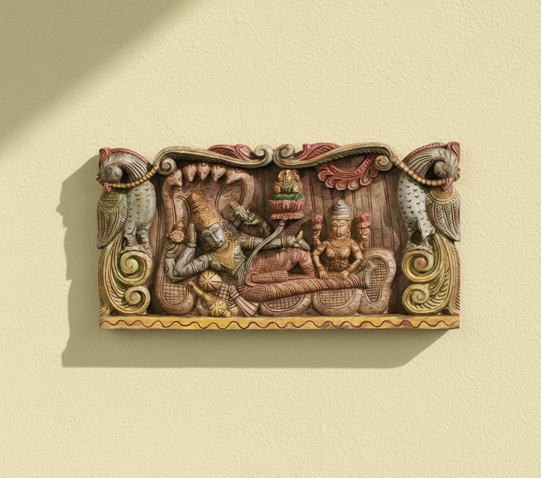 Wooden Hand Carved Wall Panel Vishnu - Laxmi
