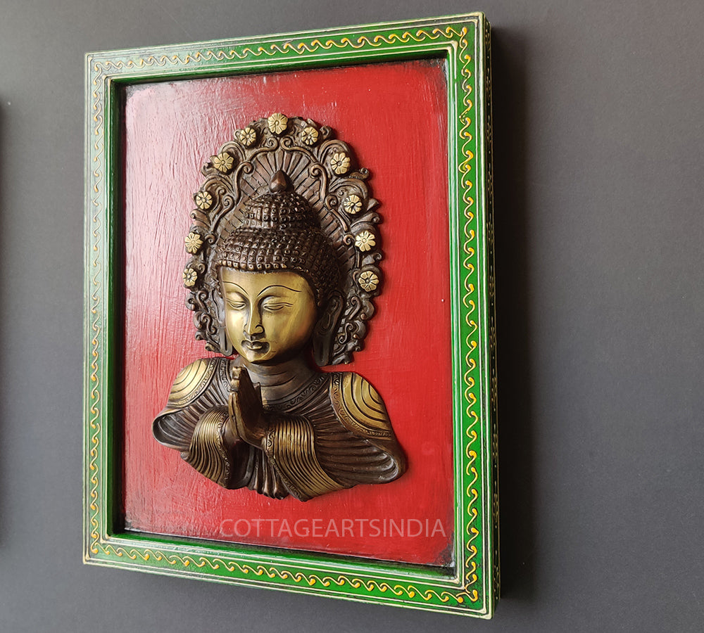 Brass Buddha Namaste Mask  Wooden Frame