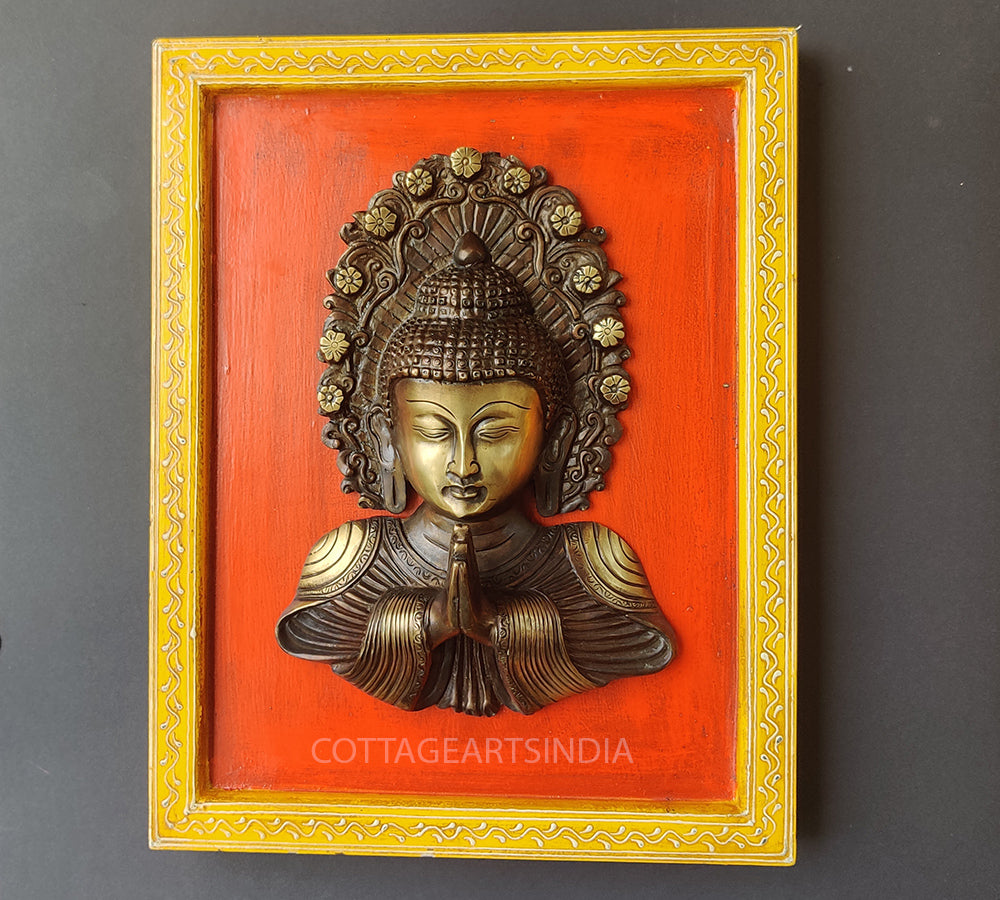 Brass Buddha Namaste Mask  Wooden Frame