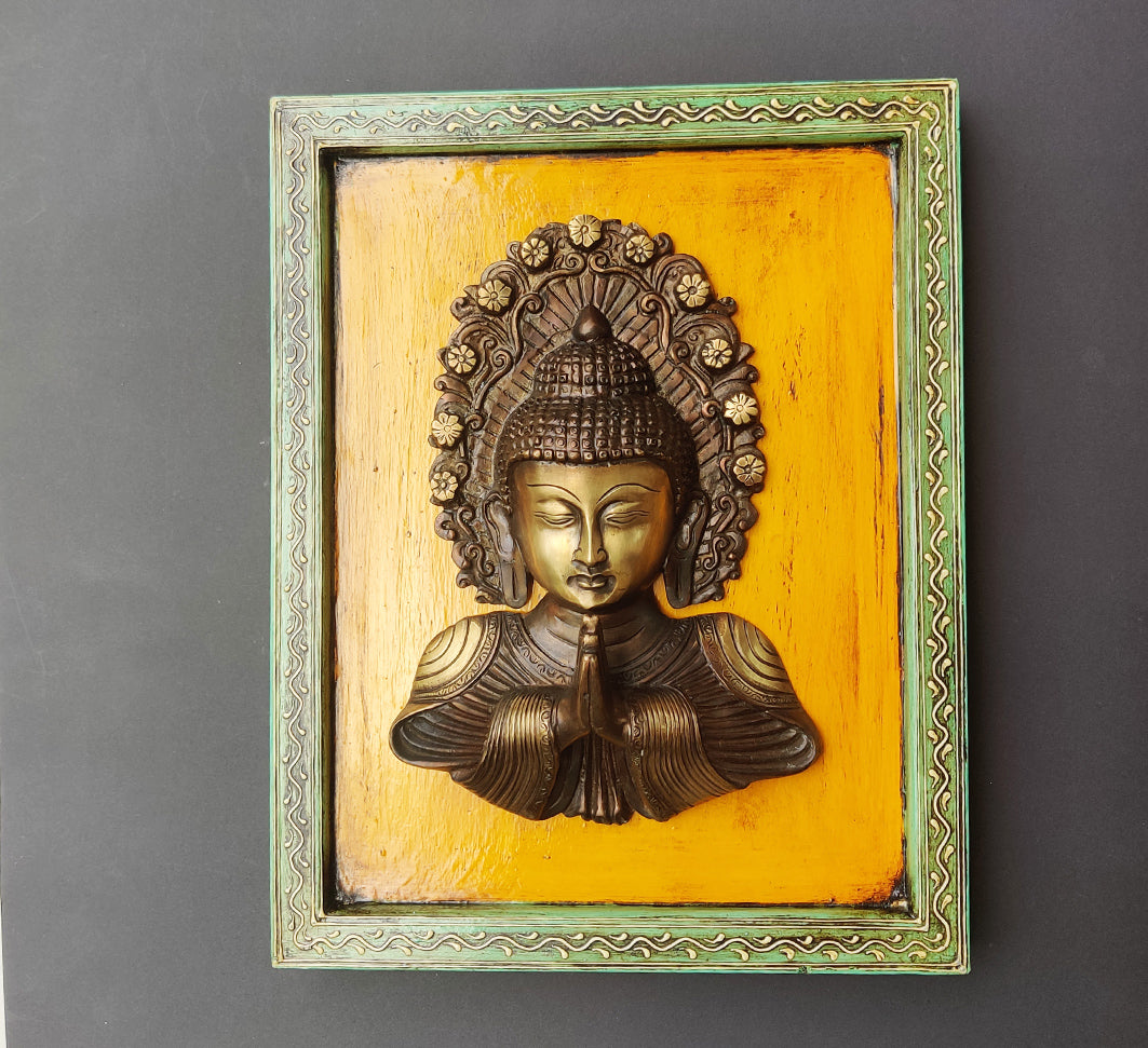 Brass Buddha Namaste Mask  Wooden Frame