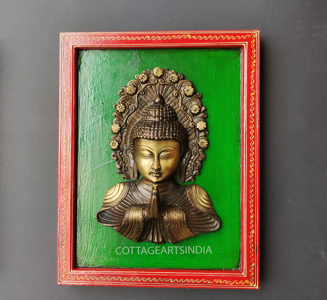 Brass Buddha Namaste Mask  Wooden Frame
