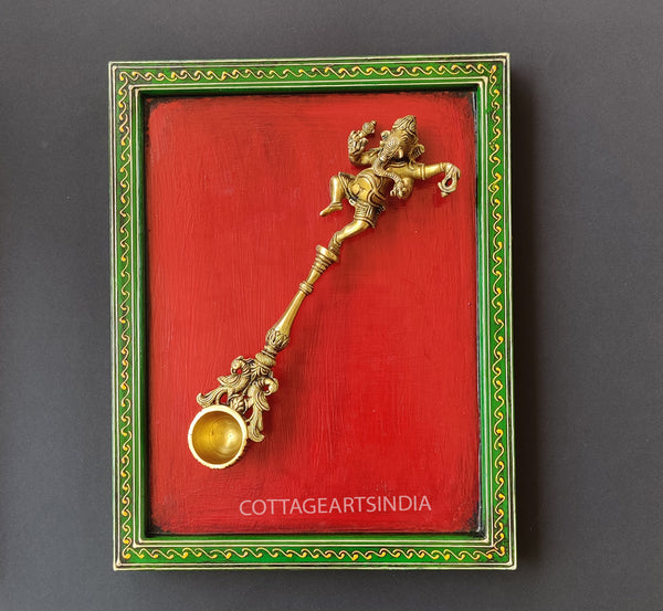 Wooden Frame Brass Ganesh Pooja Spoon