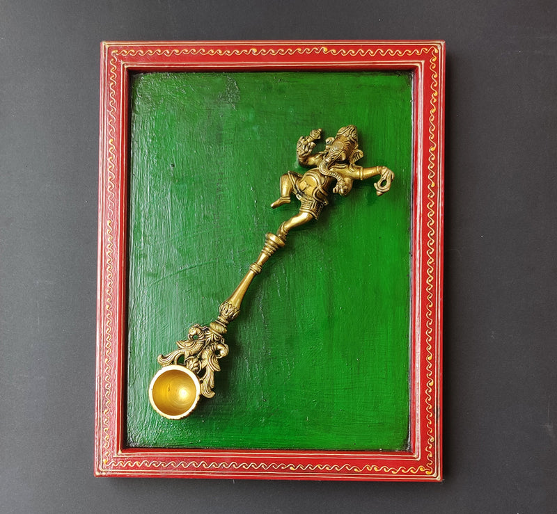 Wooden Frame Brass Ganesh Pooja Spoon