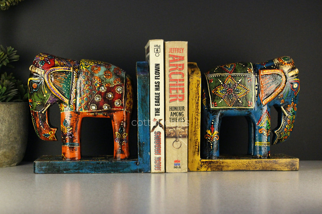 Wooden Book-Ends Painted Elephant