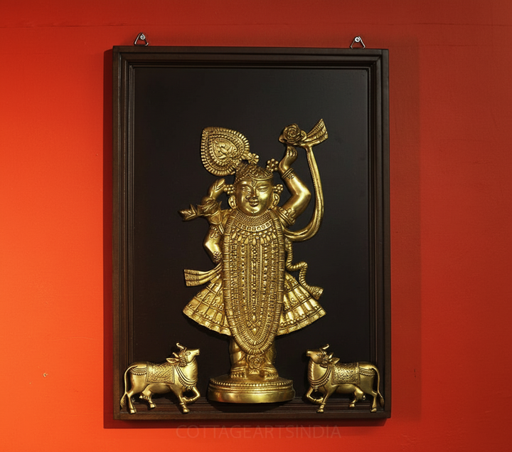 Pichwai-Inspired Brass Shrinathji & Cows With Wooden  Frame