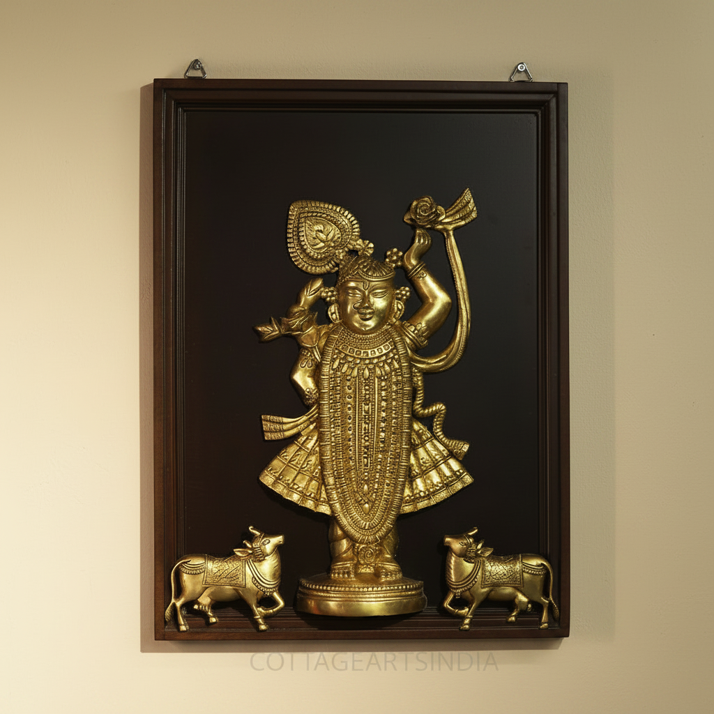 Pichwai-Inspired Brass Shrinathji & Cows With Wooden  Frame