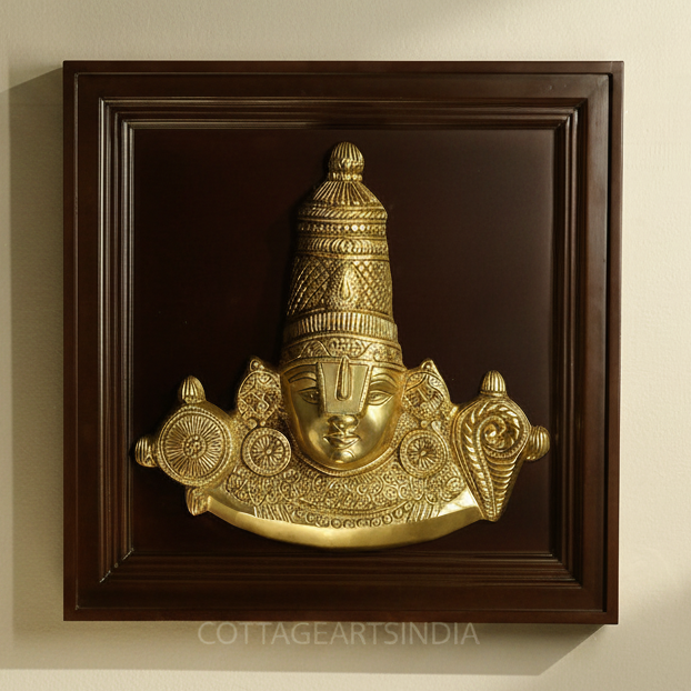 Brass Lord Balaji Bust Wall Hanging With Wooden Frame