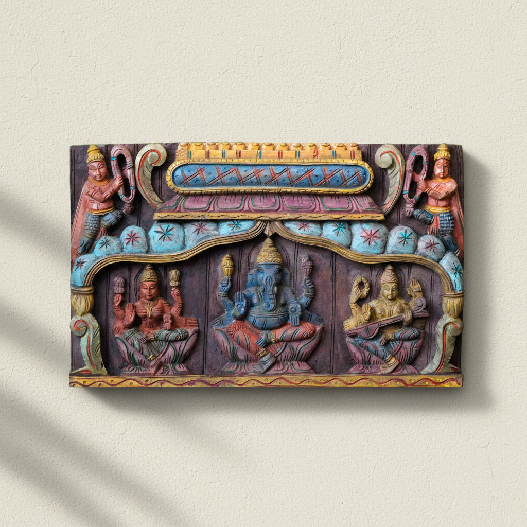 Handcrafted Wooden Ganesha Lakshmi Saraswati Panel