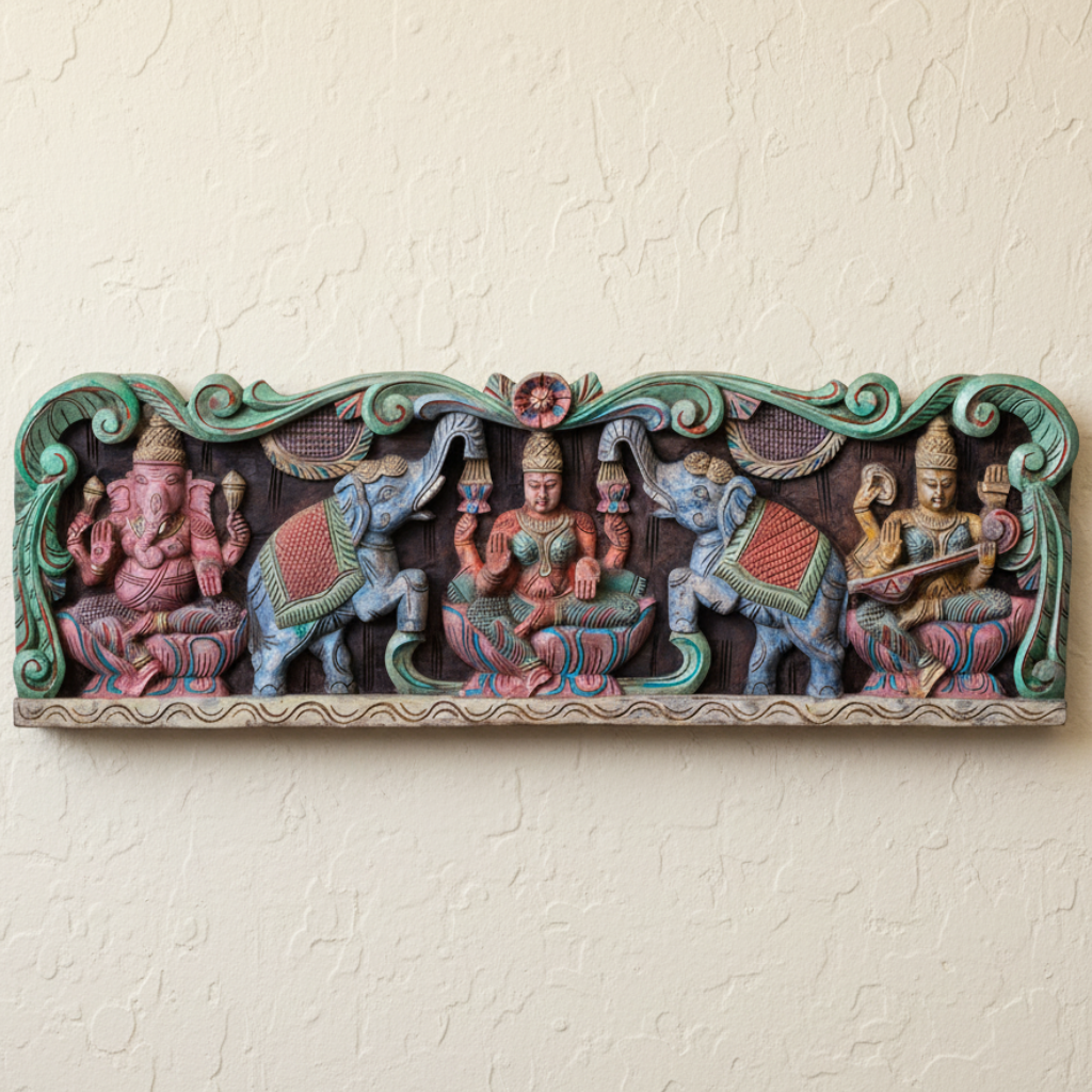 Wooden Hand Carved Wall Panel Ganesha Gaja Laxmi Saraswati