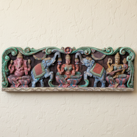 Wooden Hand Carved Wall Panel Ganesha Gaja Laxmi Saraswati