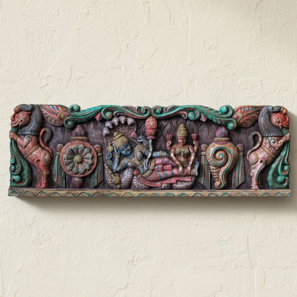 Handcrafted Wooden Vishnu Anantha Shayana Wall Panel | Traditional Hindu Wall Art