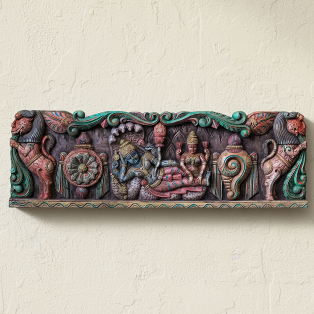 Handcrafted Wooden Vishnu Anantha Shayana Wall Panel | Traditional Hindu Wall Art
