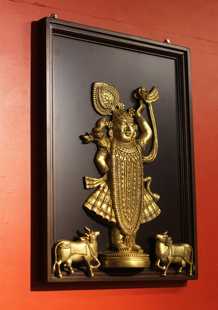 Pichwai-Inspired Brass Shrinathji & Cows With Wooden  Frame
