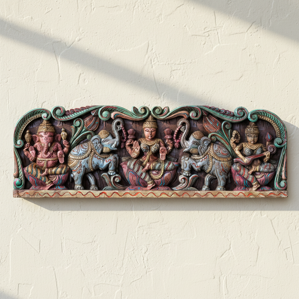 Wooden Hand Carved Wall Panel Gaja Laxmi with Ganesha Saraswati