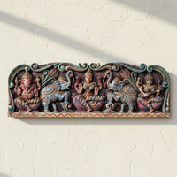 Wooden Hand Carved Wall Panel Gaja Laxmi with Ganesha Saraswati
