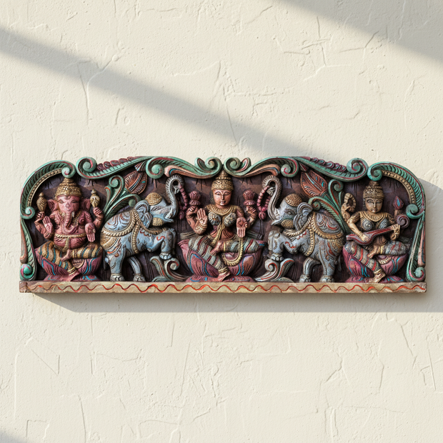 Wooden Hand Carved Wall Panel Gaja Laxmi with Ganesha Saraswati