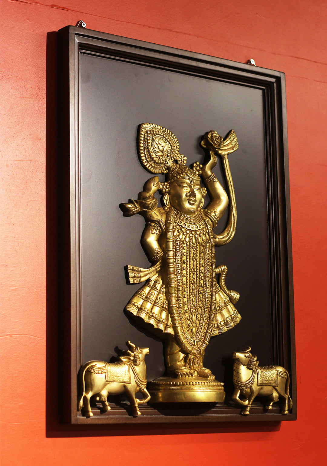 Pichwai-Inspired Brass Shrinathji & Cows With Wooden  Frame