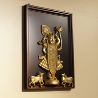 Pichwai-Inspired Brass Shrinathji & Cows With Wooden  Frame