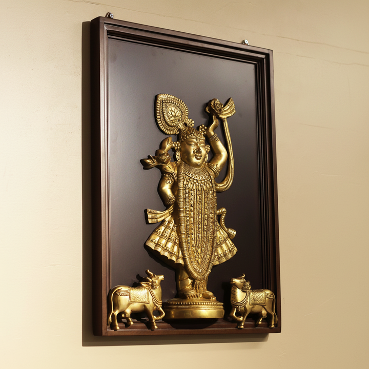 Pichwai-Inspired Brass Shrinathji & Cows With Wooden  Frame